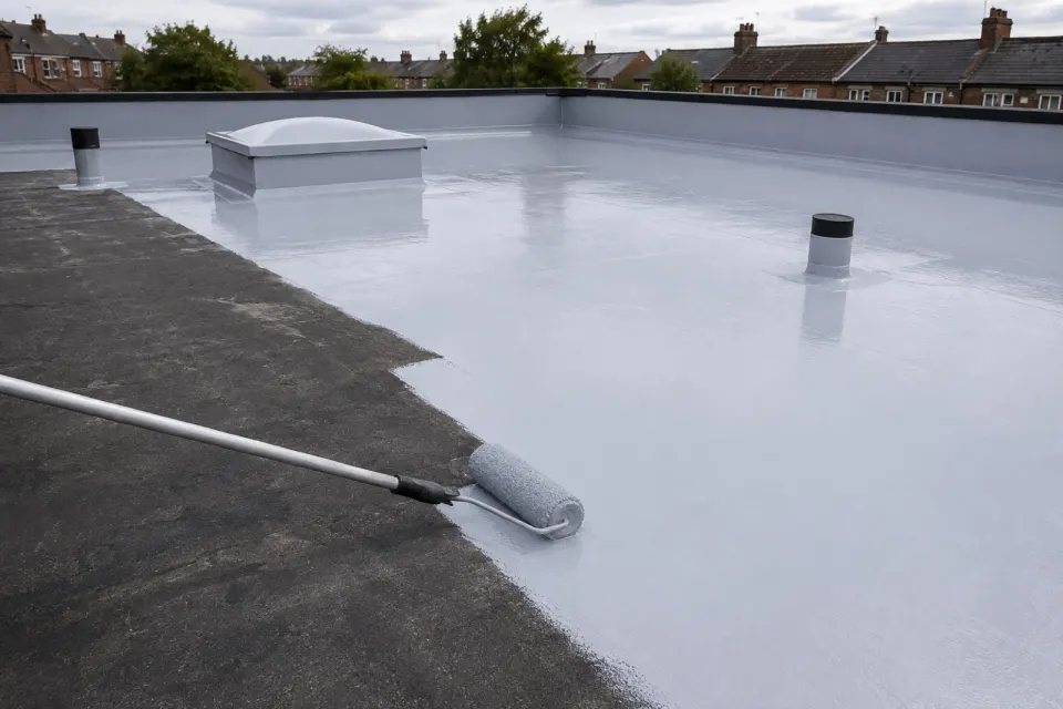 Liquid-applied roof coating being rolled onto a flat roof surface