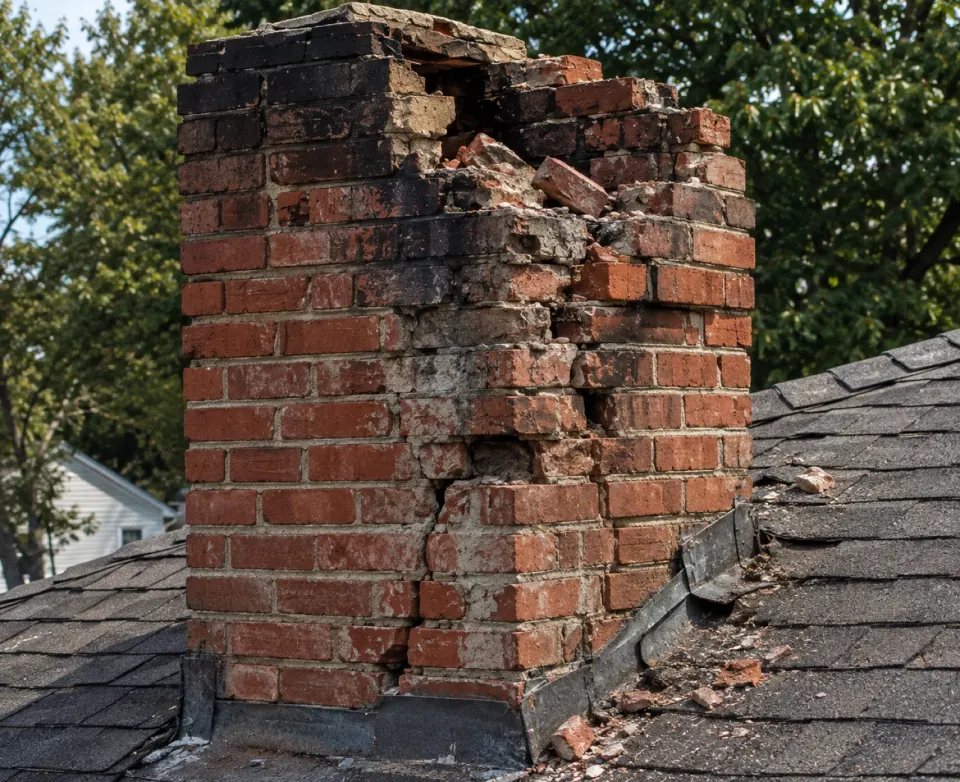 A damaged brick chimney stack with crumbling brickwork in need of repair