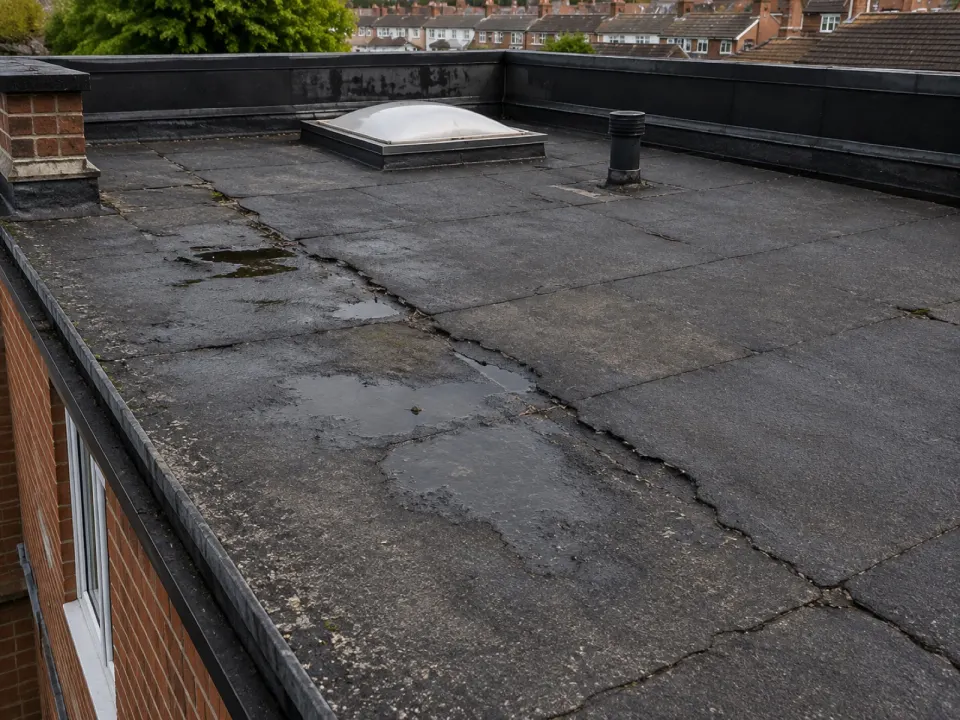 Aging flat roof with cracked felt and standing water around a skylight, in need of repair