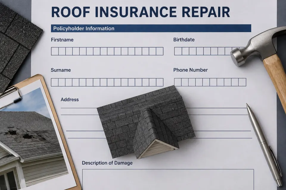 A roof insurance repair claim form alongside roofing materials and tools
