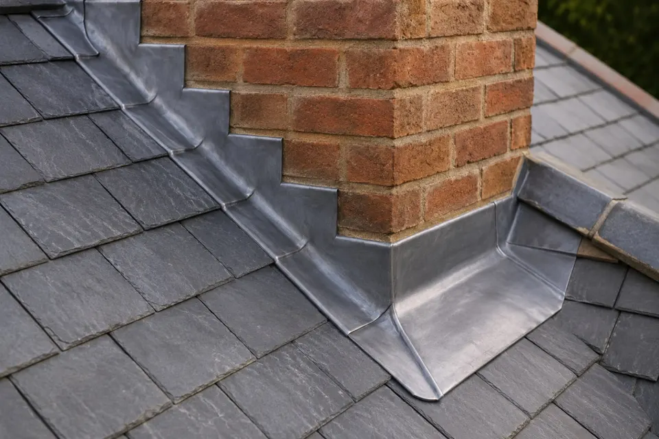 Lead flashing dressed and stepped neatly around a chimney on a slate roof