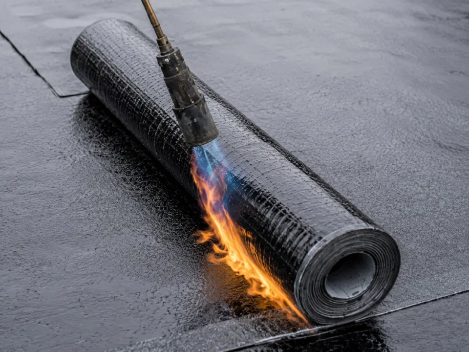 Torch-on felt roofing being applied with a blow torch, bonding the bitumen to the roof